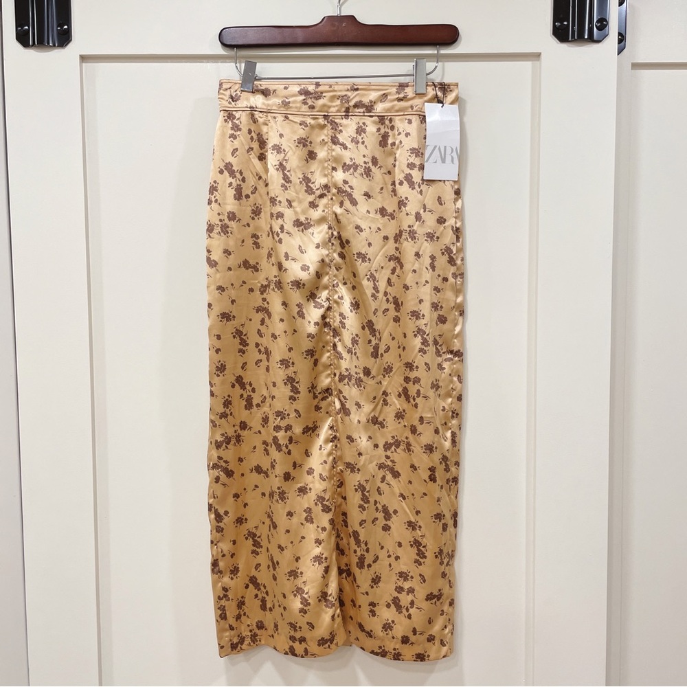 Zara gold satin floral midi skirt, S